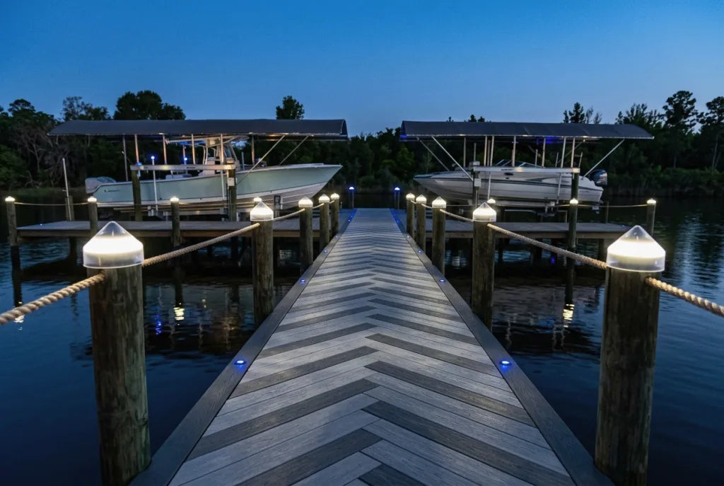 Dock at dusk lit by solar piling caps