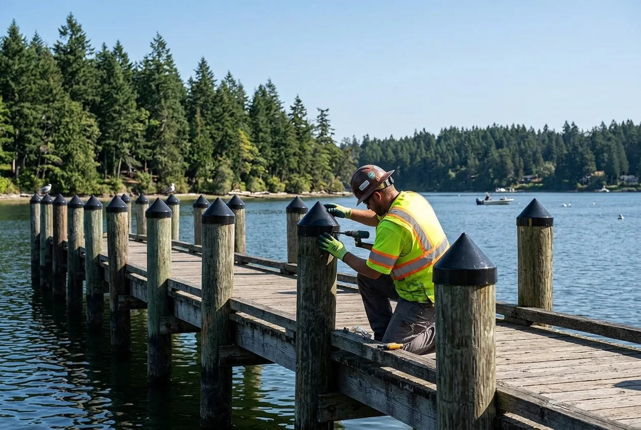 Worker fitting a black cone cap on a dock piling