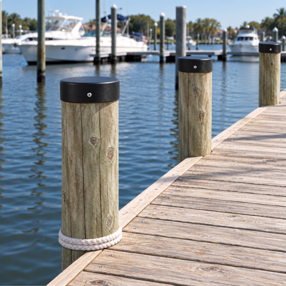 6.0" Black Round Flat Piling Cap installed on a dock piling