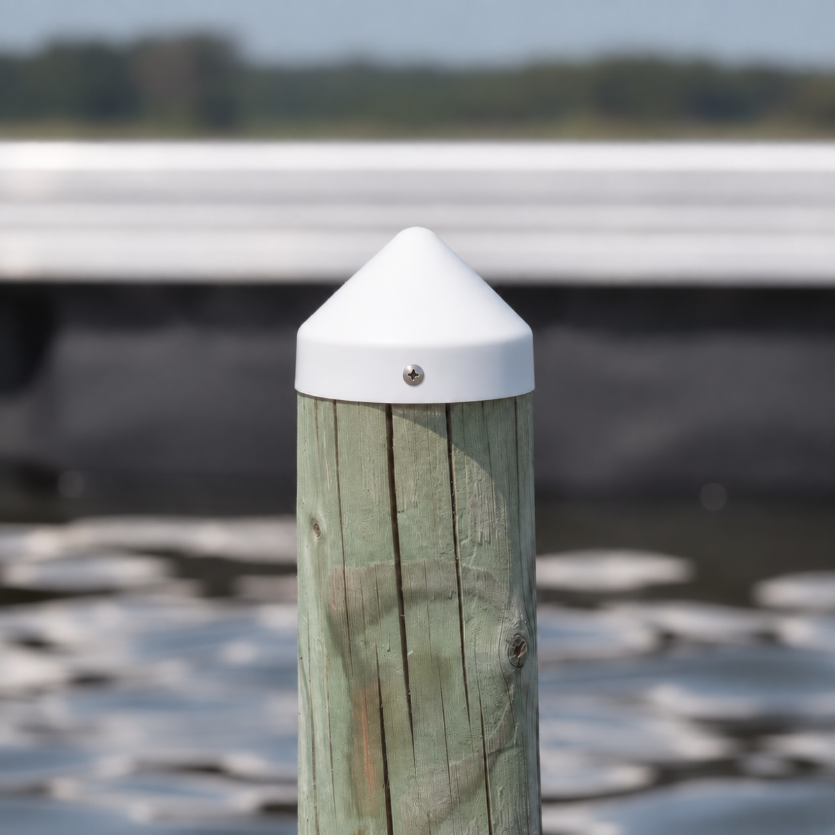 30.0" White Round Cone Piling Cap installed on a dock piling