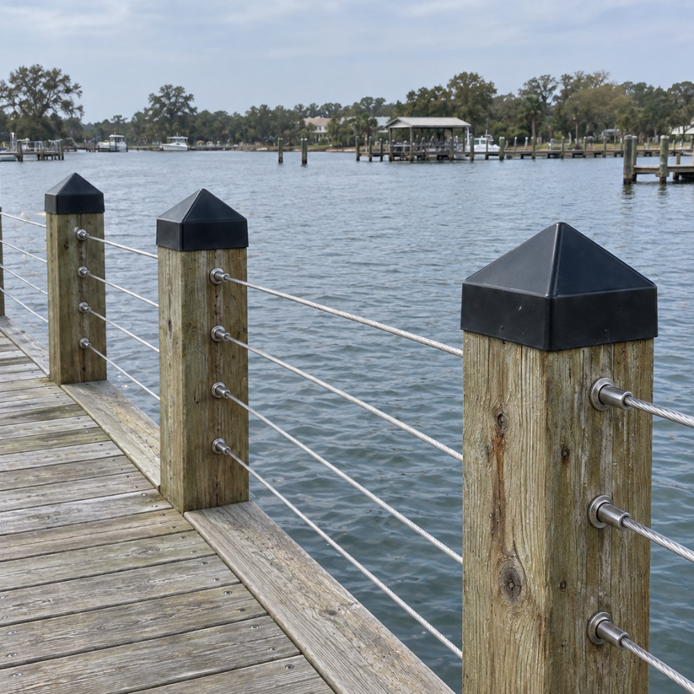 10" x 10" Black Square Cone Piling Cap installed on a dock piling