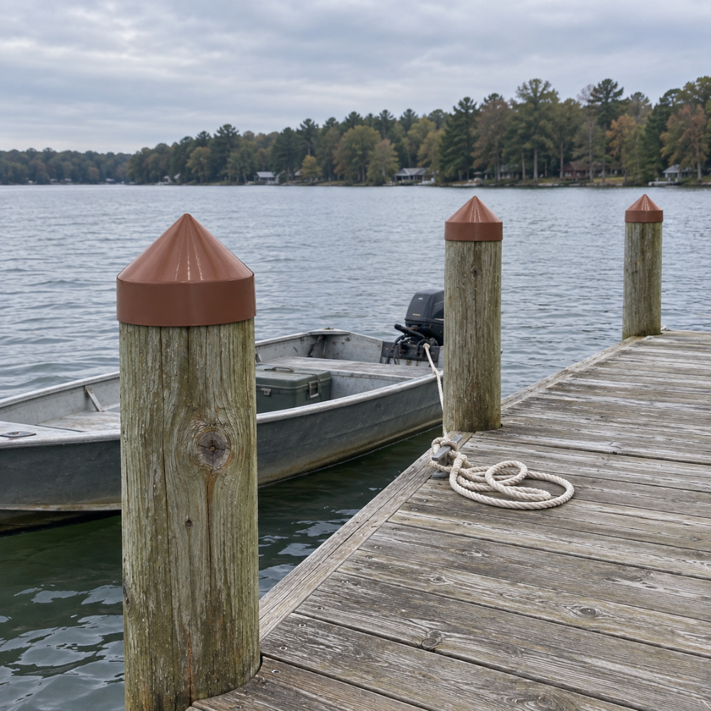 Piling Cap - Copper Cone (Polypropylene) 8" Round installed on a dock piling