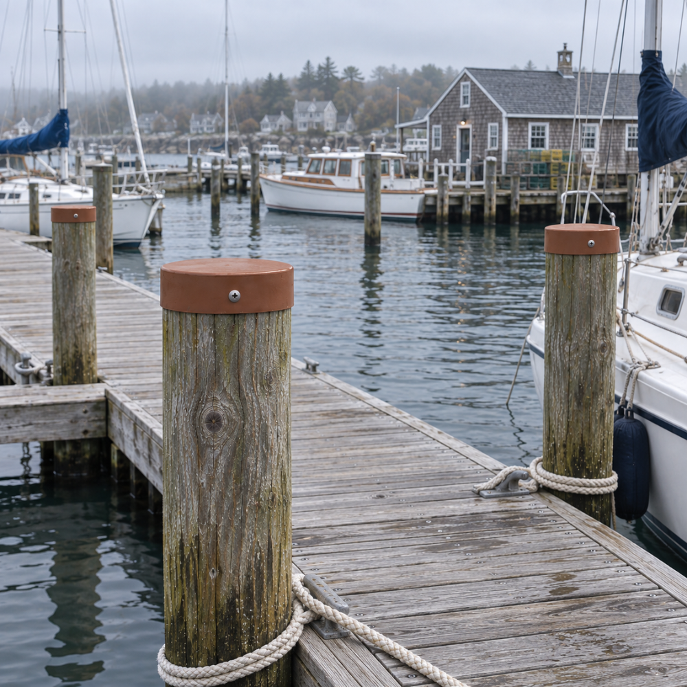 7" Copper Flat Round Piling Cap installed on a dock piling