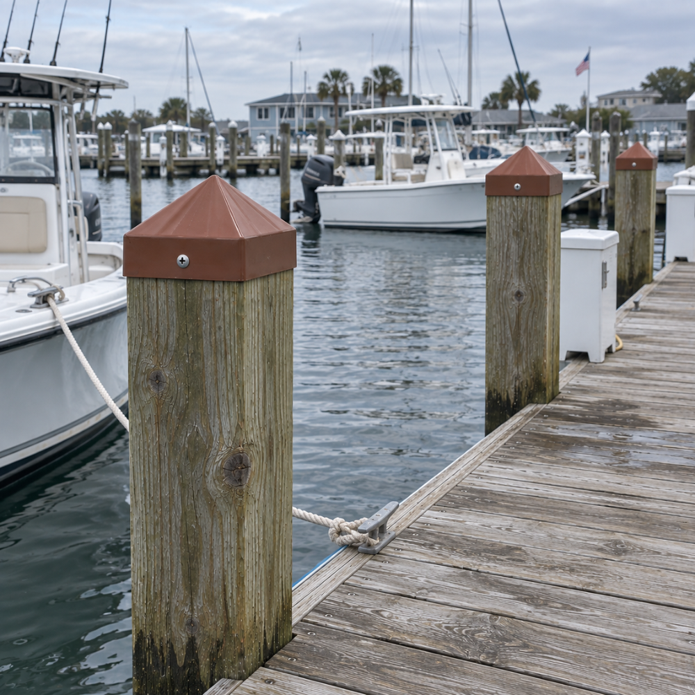5-1/2" x 5-1/2" Copper Cone Square Piling Cap installed on a dock piling