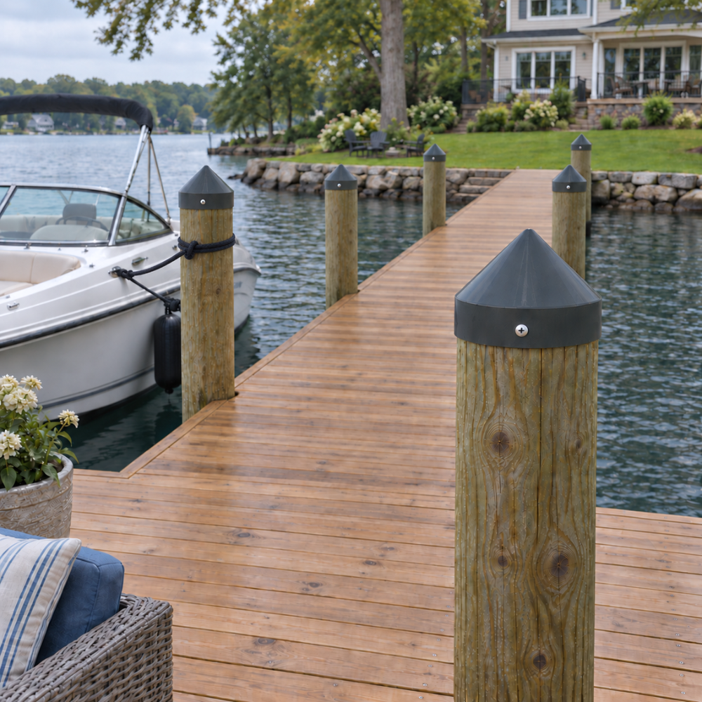 10" Dark Gray Cone Round Piling Cap installed on a dock piling