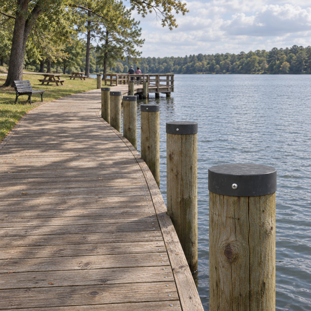 12.0" Dark Gray Round Flat Piling Cap installed on a dock piling