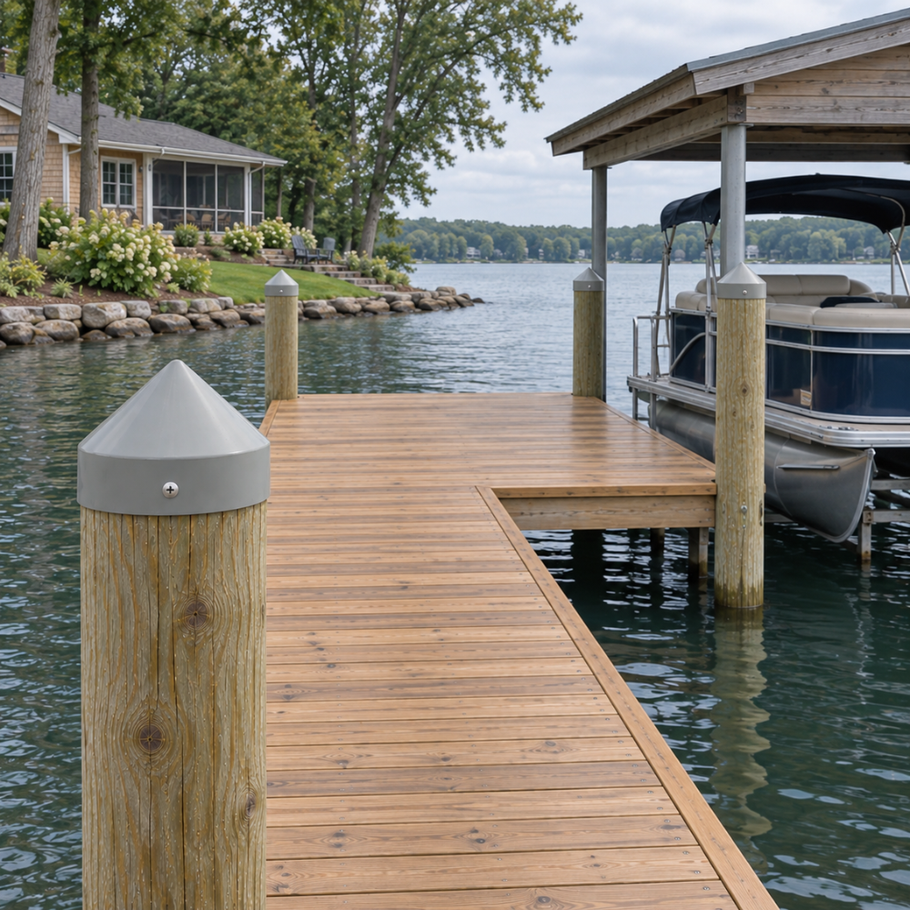 Piling Cap - Light Gray Cone (Polypropylene) 11.5" Round installed on a dock piling