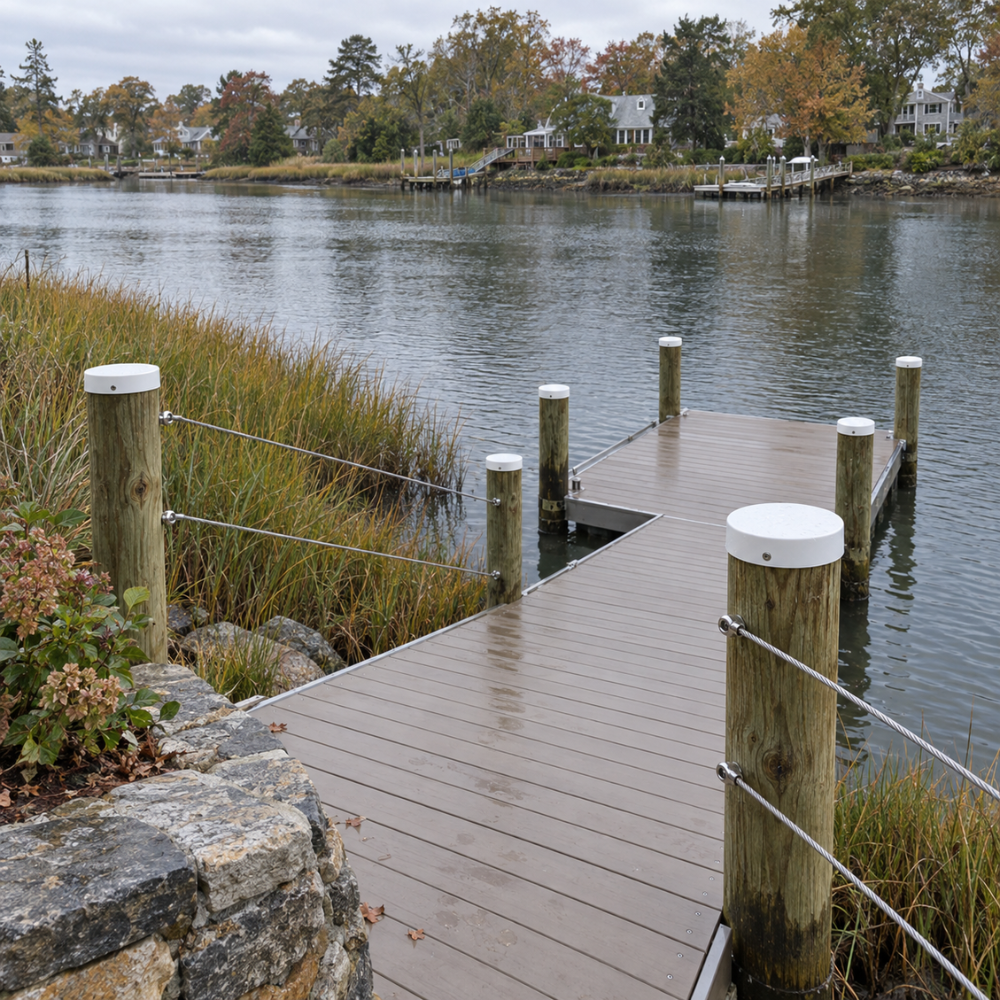 16.5" White Round Flat Piling Cap installed on a dock piling