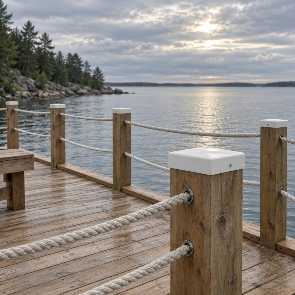 10" x 10" White Square Flat Piling Cap installed on a dock piling